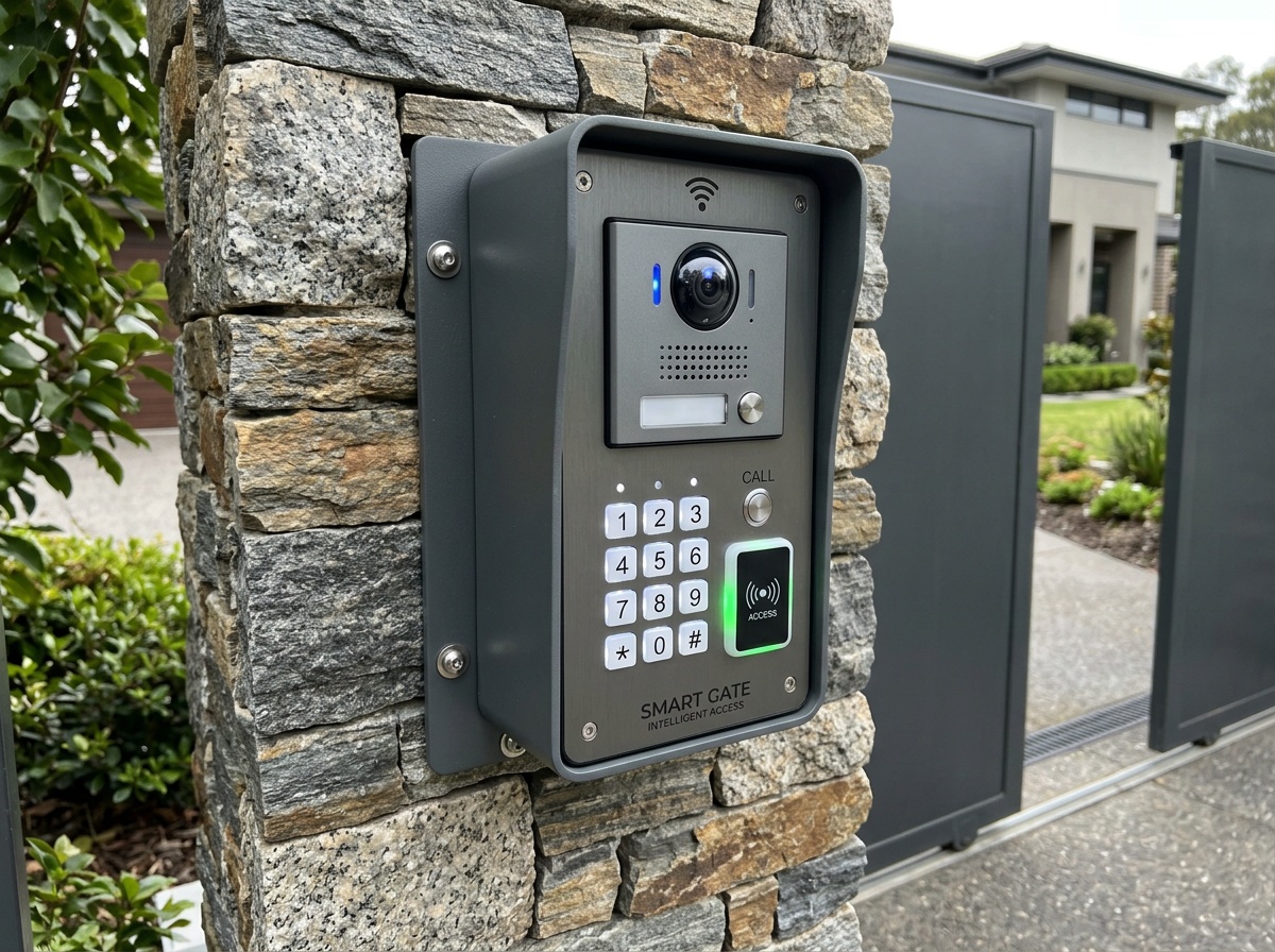 Intercom and keypad entry system on gate pillar