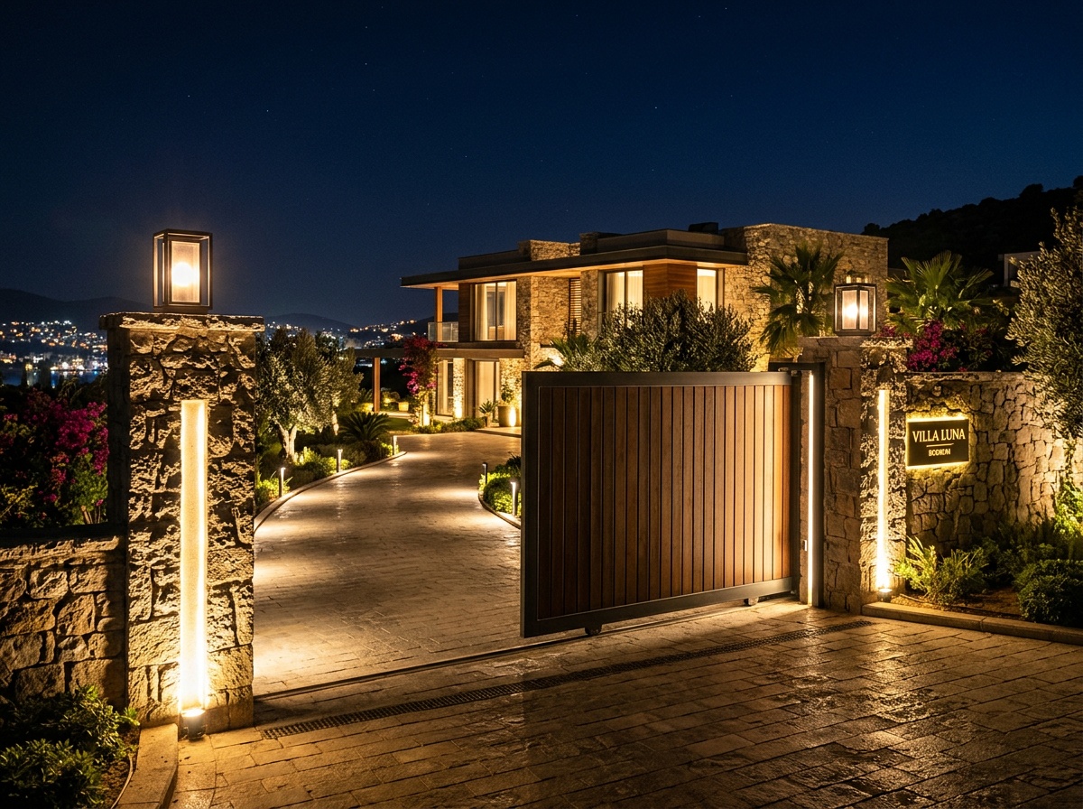 Premium gate with illuminated pillars at night