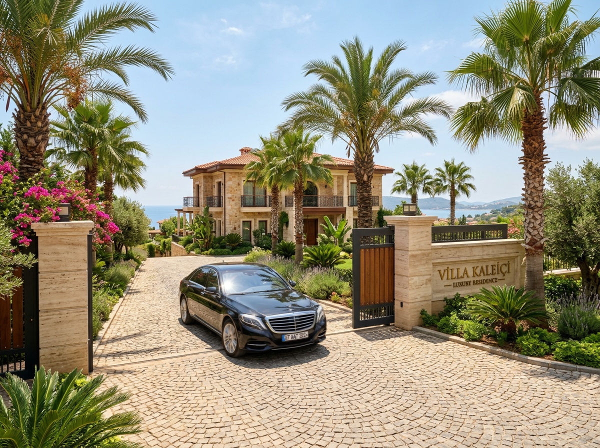 Sliding gate open – vehicle entering luxury villa driveway