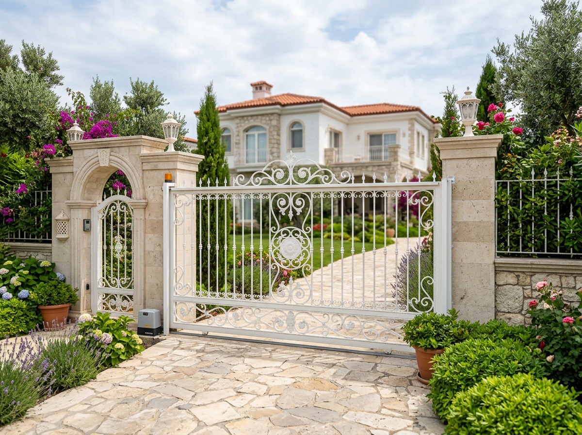 White ornamental gate with garden backdrop